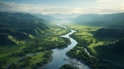 A picturesque river, winding through a lush, green valley, with several small bridges crossing it