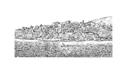 Fototapeta premium Building view with landmark of Skiathos is the island in Aegean Sea. Hand drawn sketch illustration in vector.