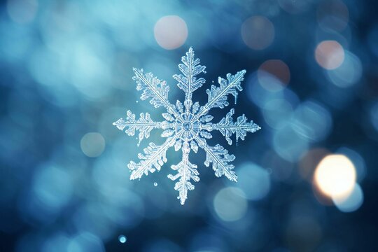 An AI illustration of a snowflake in a blurry blue photo with lights behind it