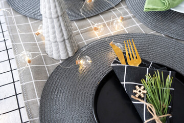 Serving a festive table with plates, forks, knives, napkins close-up tissue in a cage decorated for Christmas and New Year pine branch with a cone. Eco-style, minimalism