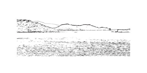 Building view with landmark of  Skiathos is the island in Aegean Sea. Hand drawn sketch illustration in vector.