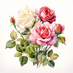 watercolor roses, botanical illustration on white background.