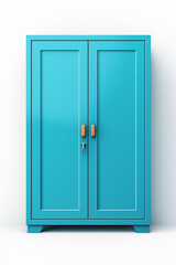 Blue wooden wardrobe with closed doors in front of white background.