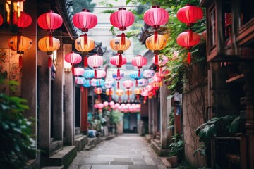 Hanging chinese lanterns over the street