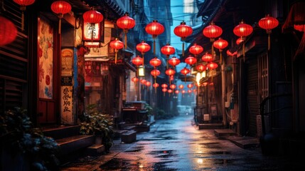Lanterns hanging across an old chinese street - obrazy, fototapety, plakaty