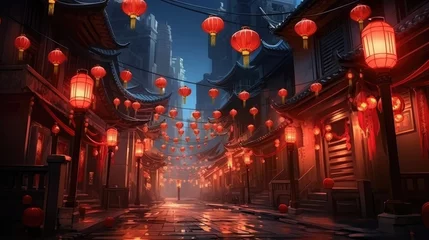 Foto op Plexiglas Lanterns hanging across an old chinese street © Marharyta