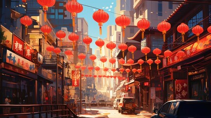 Lanterns hanging across an old chinese street