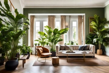 In a beautifully designed interior, verdant plants serve as both decoration and inspiration. The room is filled with an abundance of plants, creating a mini-urban jungle. Sunlight filters through the 