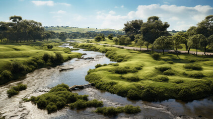 A picturesque river flowing through a tranquil meadow, with several small bridges crossing it