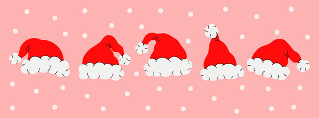 red christmas vector hats illustration banner with snowing warm background