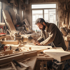 Carpenter working in a carpentry workshop. - obrazy, fototapety, plakaty