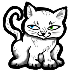 Obraz premium Cat cute, sweet with funny face. Lovely fluffy kitten best friend with big eyes. Home pet for baby, kids, boy or girl and family. Hand drown character. Cute lovely cartoon illustration drawn by hand.