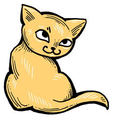 Cat cute, sweet with funny face. Lovely fluffy kitten best friend with big eyes. Home pet for baby, kids, boy or girl and family. Hand drown character. Cute lovely cartoon illustration drawn by hand.