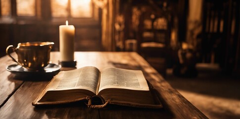 An AI illustration of bible open on a wooden table with candles and cup of coffee - obrazy, fototapety, plakaty