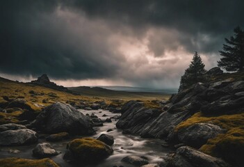 Obraz premium An AI illustration of a river running through some rocks and grass with a mountain in the background