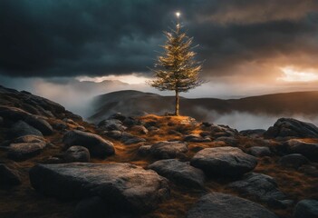 An AI illustration of a lone tree sits on top of rocks on the ground