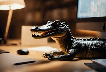 An AI illustration of an alligator model sitting on a desk in front of a computer - obrazy, fototapety, plakaty