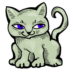 Cat cute, sweet with funny face. Lovely fluffy kitten best friend with big eyes. Home pet for baby, kids, boy or girl and family. Hand drown character. Cute lovely cartoon illustration drawn by hand.