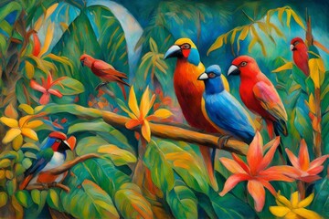 Oil pastel painting showing a tropical paradise with vibrant flora, exotic birds, and a sense of paradise and exoticism