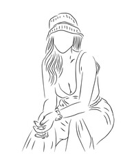 beautiful woman using hat line art illustration