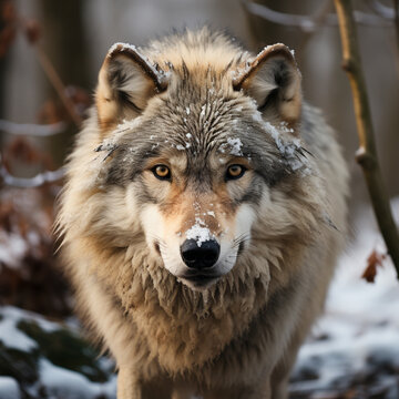 Wolf (Canis lupus) is the largest carnivore of the canine family (Canidae), in natural environment, AI generated