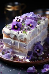 Obraz na płótnie Canvas A Delicious Iced Cake Decorated with Edible Flowers.