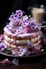 Obraz na płótnie Canvas A Delicious Iced Cake Decorated with Edible Flowers.