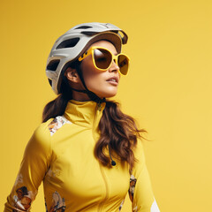 Obraz na płótnie Canvas Cyclist woman with cycling equipment on a yellow background.