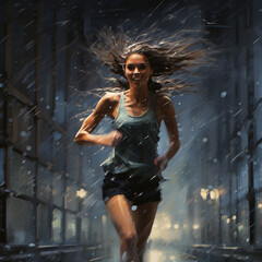 Woman running in the rain.