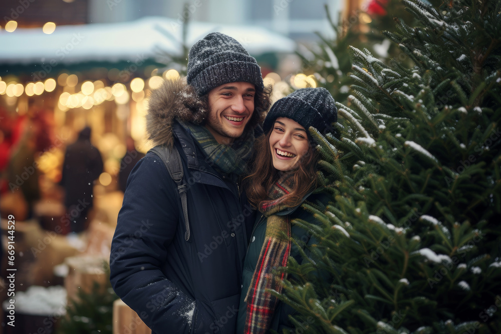 Wall mural a happy young couple is choosing a christmas tree at the christmas tree market on the street. prepar