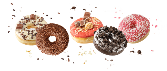Assorted set colorful glazed donuts with mixed sprinkles and crumbs flying isolated on white background. Sweet pastry card. Fresh baked white, brown, pink, red doughnuts