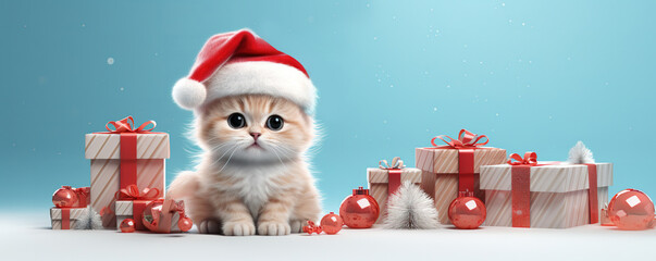 cute cartoon cat in a Santa hat with gift boxes on a solid background. New Year's banner with a place for text. Generative ai
