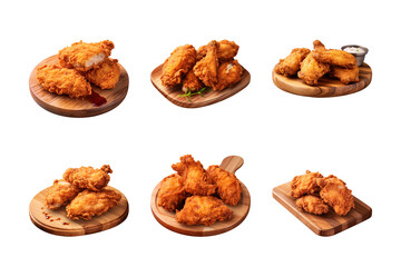 collection of crispy and tasty fried chicken on a wooden cutting board isolated on a transparent background