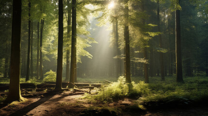 A peaceful, misty forest, with a few rays of sunlight shining through the trees