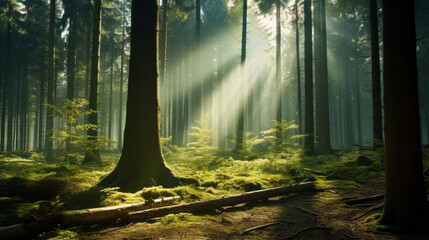 A peaceful, misty forest, with a few rays of sunlight shining through the trees