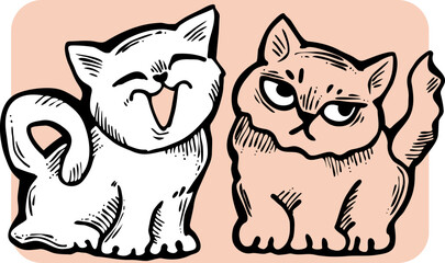 Cute cats friends sitting together. Decorative border, banner, postcard, poster print for kids room or birthday. Logo design for veterinary. Hand drawn illustration. Cartoon character vector drawing.
