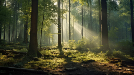 Obraz premium A peaceful, misty forest, with the sun filtering through the trees