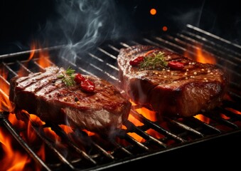 Fresh juicy tasty delicious beef steak on stainless grill depot with flames on dark background. Food and cuisine concept. Meat dish with spices and herbs