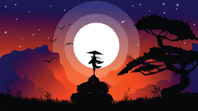 masterkunoichi samurai girl japan wallpaper 4K desktop. samurai and witch background. sunset vibe and full moon. landscape view illustration vector background
