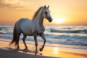 Obraz na płótnie Canvas a white horse is running on the beach near the ocean as the sun is setting in the sky above the ocean and behind it is a body of water with small waves. generative ai