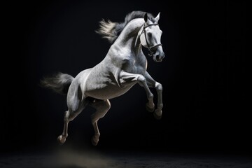 Obraz na płótnie Canvas a white horse jumping in the air with it's front legs in the air and it's front legs in the air and it's rear legs in the air. generative ai