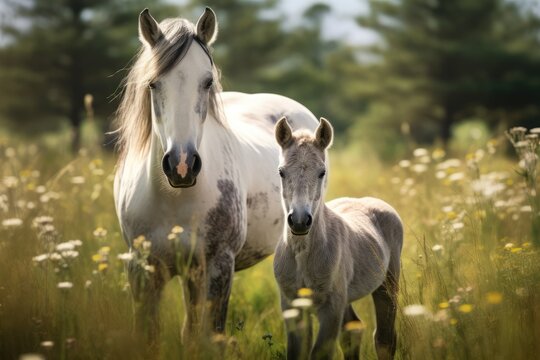 a white horse standing next to a baby horse in a field of tall grass and wildflowers with trees in the background and a blue sky in the background.  generative ai