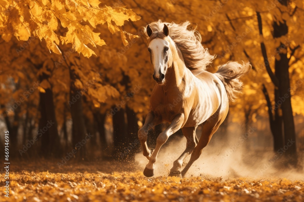 Poster  a horse is galloping through a field in front of trees with yellow leaves on the ground and in the foreground is a tree with yellow leaves in the foreground.  generative ai