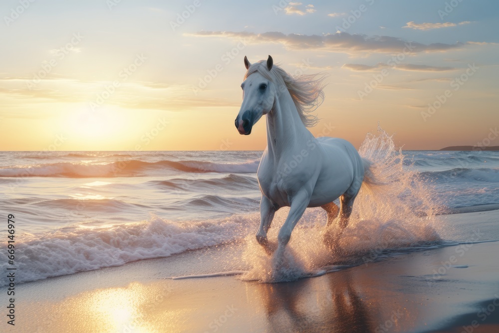 Poster  a white horse running on the beach at sunset with the sun reflecting off the water and the waves crashing on the beach and the horse is in the foreground.  generative ai