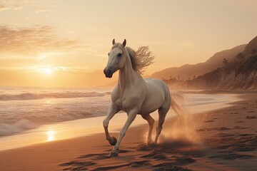  a white horse is running on the beach at sunset with the sun in the background and the water splashing up on the sand and the beach and the shore.  generative ai