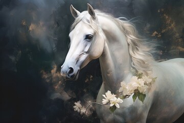  a painting of a white horse with flowers in it's mane, with a black background and a white horse with long mane and white flowers in it's mane.  generative ai - obrazy, fototapety, plakaty