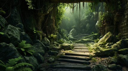 A path leading to a mysterious cave surrounded by lush vegetation