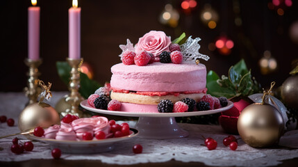 christmas pink cake on the New Year's table, dessert for Christmas