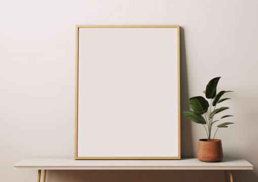 Wall art empty picture frame mockup on wooden desk, wall, table. Vase with olive branches, cactus. Elegant working space, home office concept.