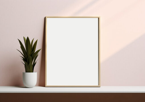 Wall art empty picture frame mockup on wooden desk, wall, table. Vase with olive branches, cactus. Elegant working space, home office concept.
